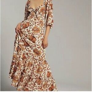 Anthropologie tiered rust floral maxi dress